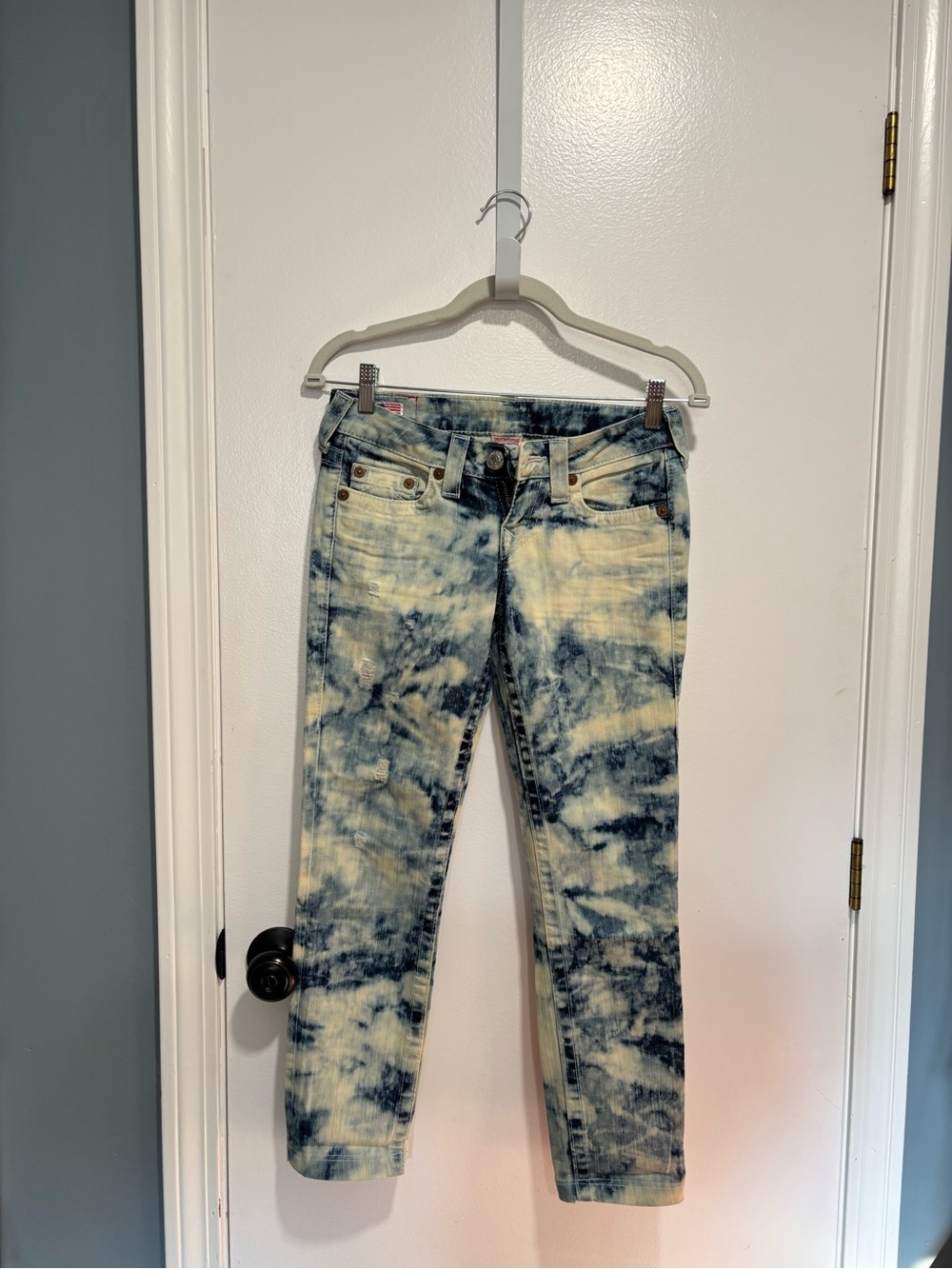 True Religion Blue & Cream Tie-Dye Cropped Jeans